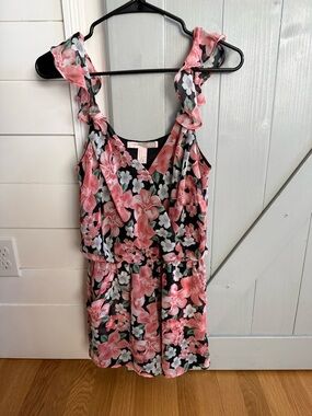 Forever 21 Black Floral wrap style Romper with Pink Blooms